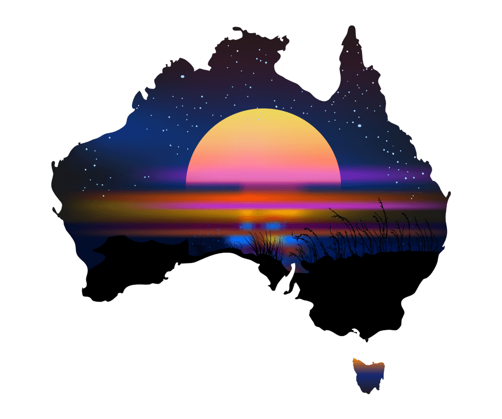 A map of Australia filled with a night sky and a vibrant setting sun lies on a transparent background